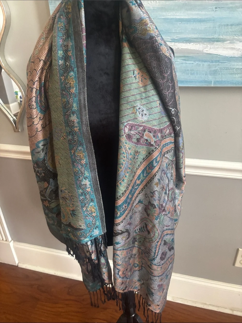 100% Pashmina Paisley Scarf Shawl Wrap – Teal, Pink & Gold. Purchased in India